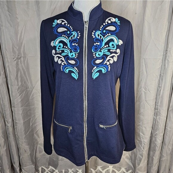 Boston Proper Sport Navy Blue Intricate Embroidery Long Sleeve Full Zip Jacket - Picture 2 of 12